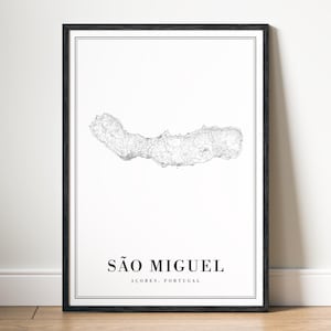 Kaartposter So Miguel Azoren, kaart So Miguel-kaart afdrukken digitale download, zwart-wit kaartkunst So Miguel, muurkunst schetsen So Miguel