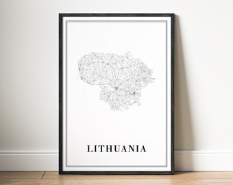 Lithuania Map Print Digital Download, Black and White Printable Poster, Minimalist Map Wall Art