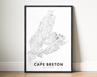 Cape Breton Nova Scotia Map Print - Black and White Printable Wall Art, Minimalist Digital Download Poster