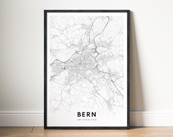 Bern Switzerland Map Print Digital Download, Black and White City Map Poster, Printable Map Wall Art