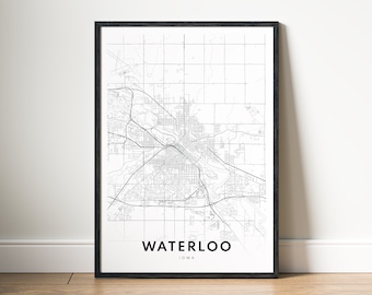 Waterloo Iowa Map Print Digital Download, Black and White Poster, Minimalist City Map Wall Art