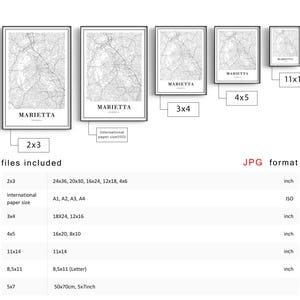 May include: A digital map of Marietta, Georgia, in black and white, with different sizes of prints available: 2x3 inches, 3x4 inches, 4x5 inches, 8.5x11 inches, 11x14 inches, and 5x7 inches. The files are in JPG format.