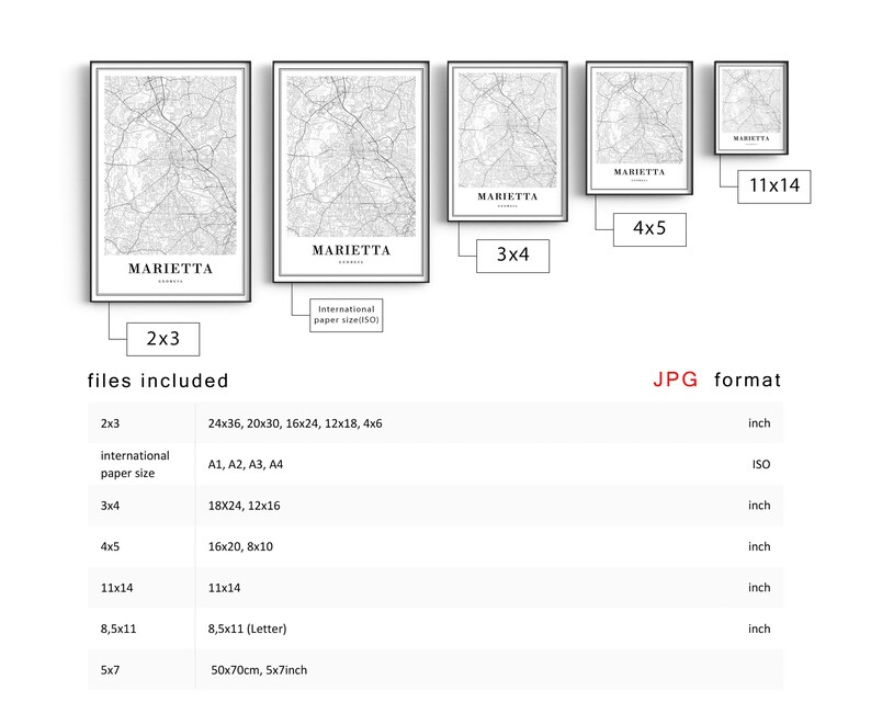 May include: A digital map of Marietta, Georgia, in black and white, with different sizes of prints available: 2x3 inches, 3x4 inches, 4x5 inches, 8.5x11 inches, 11x14 inches, and 5x7 inches. The files are in JPG format.