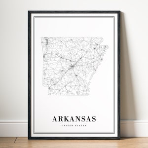 Carte de l'état de l'Arkansas, impression, téléchargement, carte de l'Arkansas, affiche de l'Arkansas, carte imprimable numérique de l'Arkansas en noir et blanc, impression de la maison, croquis de l'Arkansas