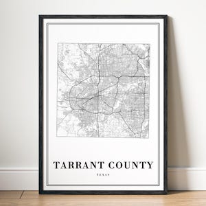 Impression de carte du comté de Tarrant, Texas, carte du comté de Tarrant, affiche de téléchargement, carte imprimable numérique du comté de Tarrant, carte noir et blanc du comté de Tarrant