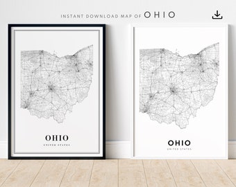 Ohio State Map Print Instant Download Ohio Map Poster Ohio Printable Map Digital Ohio Black And White Ohio Map Home Print Ohio Area Map