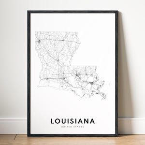 Impression de carte de l'état de la Louisiane, téléchargement carte de la Louisiane, affiche de la Louisiane, carte imprimable de la Louisiane, impression numérique de croquis de carte de Louisiane noir et blanc