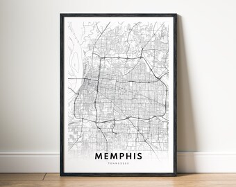 Mapa de Memphis para imprimir Descargar póster del mapa de Memphis, Tennessee Mapa digital de Memphis Mapa en blanco y negro imprimible Mapa de Memphis con boceto Impresión artística de pared