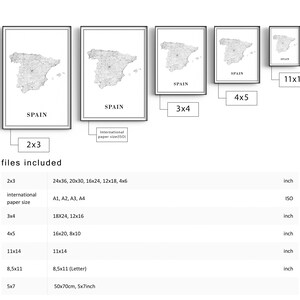 May include: A set of printable digital files featuring a map of Spain in black and white. The files are available in various sizes, including 2x3, 3x4, 4x5, 11x14, 8.5x11, and 5x7 inches.