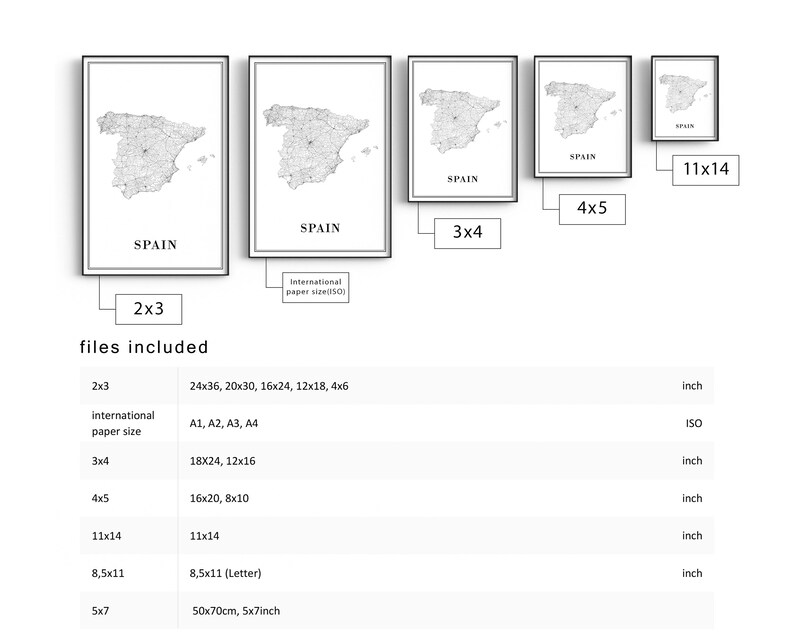May include: A set of printable digital files featuring a map of Spain in black and white. The files are available in various sizes, including 2x3, 3x4, 4x5, 11x14, 8.5x11, and 5x7 inches.