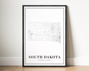 South Dakota Map Print Digital Download, Black and White Poster, Minimalist City Map Wall Art