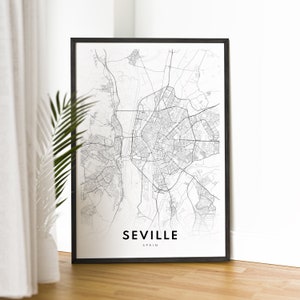 Sevilla Spanje kaart print downloaden, Sevilla Spanje kaart poster, Sevilla afdrukbare kaart zwart-wit, Sevilla stratenkaart poster