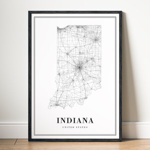 Carte de l'état de l'Indiana impression téléchargement carte de l'Indiana affiche carte imprimable de l'Indiana numérique Indiana affiche noir et blanc carte de l'Indiana maison impression