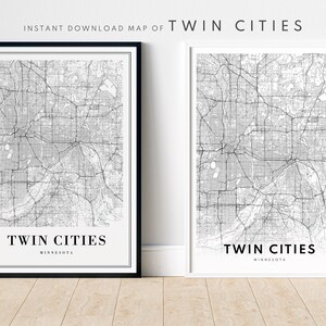 Mapa de Twin Cities-Minnesota, impresión digital, descarga, póster imprimible, mapa de Twin Cities, póster de mapa de calles, Twin Cities, Twin Cities, blanco y negro