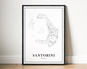 Santorini Greece Map Print Digital Download, Black and White City Map Poster, Printable Map Wall Art