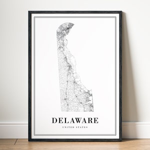 Impression de carte de l'État du Delaware, affiche de carte du Delaware à télécharger, carte imprimable du Delaware numérique, impression noir et blanc du Delaware, croquis d'art de carte du Delaware