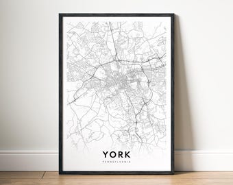 York PA City Map Art Print, Minimalist Black and White (Digital Download)