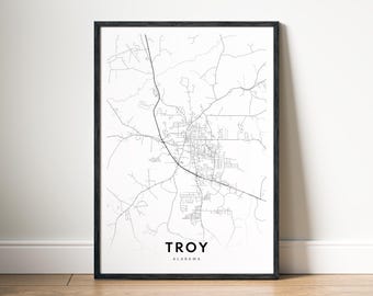 Troy Alabama Map Print Digital Download, Black and White City Map Poster, Printable City Map Wall Art
