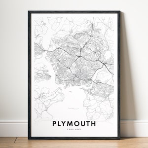 Plymouth Karte Druck, Plymouth England Karte Poster Download, Plymouth druckbare Karte, digitale schwarz-weiße Karte Wandkunst, Plymouth Linie Kunst