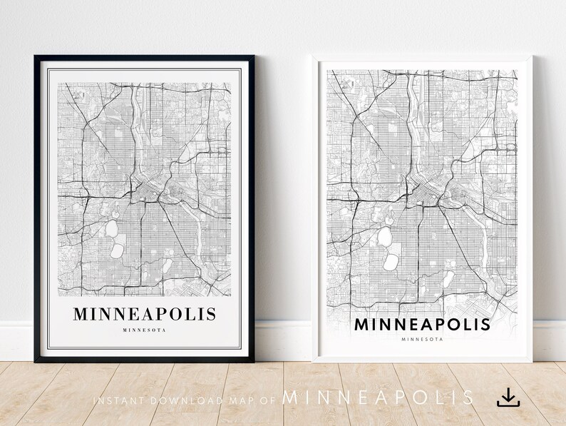 Minneapolis Map Print Minneapolis-Minnesota Poster Download Minneapolis Printable Map Digital Black And White Minneapolis Map Home Print image 3