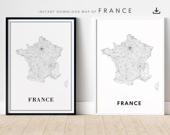 Impression de la carte de la France, impression de la carte de la France, téléchargement de l'affiche de la France, impression numérique numérique de la France, impression de la France en noir et blanc, téléchargement immédiat de la France