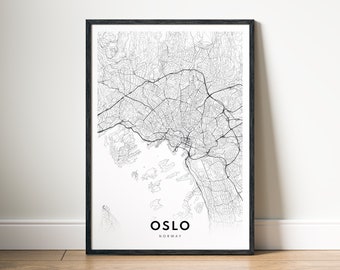Mapa de la ciudad de Oslo para imprimir en formato digital. Póster del mapa de Oslo, Noruega. Mapa imprimible en blanco y negro de Oslo. Impresión artística del mapa esquemático de Oslo. Impresión de la ciudad natal de Oslo.