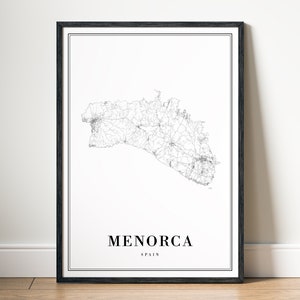 Menorca Spanien Karte Druck, Menorca Karte Poster Download, digitale Karte Menorca, druckbare Karte schwarz weiß, Karte Kunst Menorca Dekor