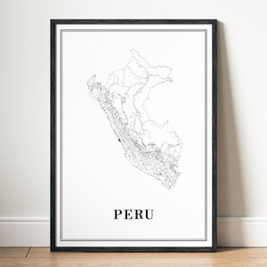 May include: A black and white line art map of Peru with the word "PERU" printed below the map. The map is framed in a black frame and is hanging on a white wall.