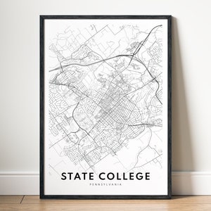 State College Map Druck Download State College Pennsylvania Poster Digitale Karte State College Schwarzweiß-Karte Wandkunst Skizze