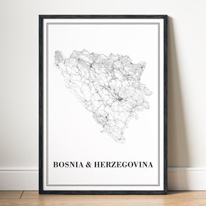 Bosnien und Herzegowina Karte Drucken Bosnien und Herzegowina Karte Poster Herunterladen Druckbare Bosnien und Herzegowina Digitale Karte schwarz und weiß