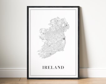 Carte de l'Irlande à télécharger, impression carte de l'Irlande, affiche à télécharger, impression numérique de l'Irlande, carte de l'Irlande à imprimer en noir et blanc, carte de l'Irlande à la maison, art mural