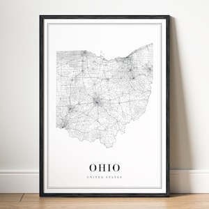 Mapa do estado de Ohio Imprimir Download instantâneo Mapa de Ohio Pôster Mapa de Ohio para impressão Mapa digital de Ohio em preto e branco Mapa de Ohio para impressão inicial Mapa da área de Ohio