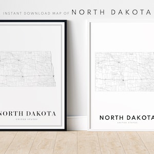 Impression de carte de l'État du Dakota du Nord Poster du Dakota du Nord à télécharger Carte du Dakota du Nord imprimable Carte numérique du Dakota du Nord en noir et blanc Impression d'art