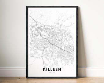 Killeen Texas Map Print Digital Download, Black and White City Map Poster, Printable City Map Wall Art