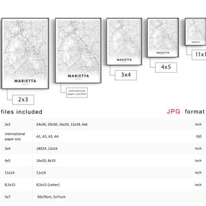 May include: A table showing different sizes of a digital print of a map of Marietta, Georgia. The sizes are listed in inches and include 2x3, 3x4, 4x5, 11x14, 8.5x11, and 5x7. The print is in black and white and shows the streets and landmarks of Marietta.