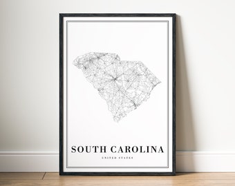 Südcarolina Karte, digitaler Download, Schwarz-Weiß-State Map Poster, minimalistische Wandkunst