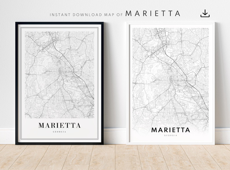 May include: Black and white printable map of Marietta, Georgia. The map shows the city streets and roads. The text "Marietta, Georgia" is printed at the bottom of the map.