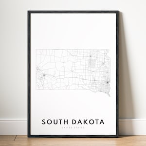 Impression de carte de l'État du Dakota du Sud Poster du Dakota du Sud à télécharger Carte du Dakota du Sud imprimable Carte numérique du Dakota du Sud en noir et blanc Impression d'art