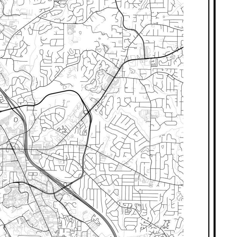 May include: Black and white line art map of a suburban neighborhood with roads, streets, and houses.