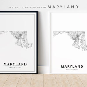 Impression de carte de l'état du Maryland, téléchargement de carte du Maryland, affiche du Maryland, carte imprimable numérique du Maryland, croquis de carte en noir et blanc, impression de la maison du Maryland