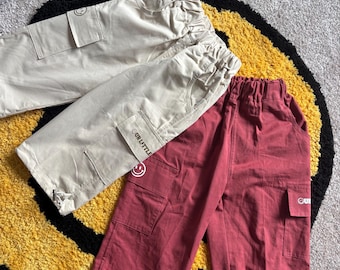 Children’s Cargo Red Beige Trousers, Cotton  Trousers, Kid’s Branded Bottoms