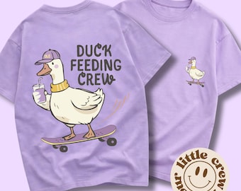 Children’s Duck Feeding Crew T-Shirt, Duck, T-Shirt, Skateboard, Cartoon, Kid’s Graphic Tee, Spring, Cool Kid