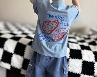 The World Is Your Oyster-T-shirt voor kinderen, korte mouw, T-shirt, zee, oester, mosselschelp, schelp, graphic voor kinderen