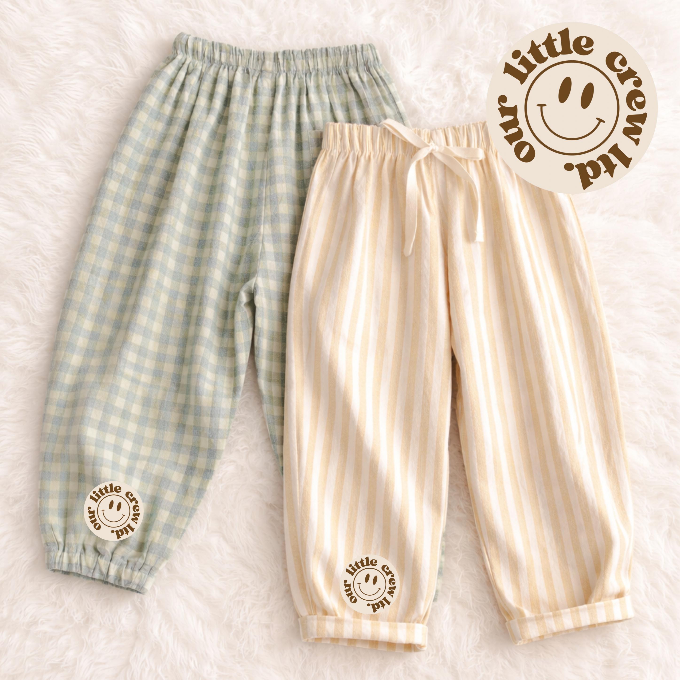 Children's Easter Striped Plaid Lightweight Trousers, Light Cotton Stripe Trousers, Sage Green, Yellow Lightweight Loose Bottoms, Kids