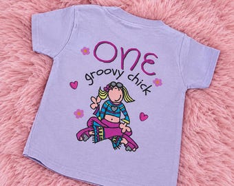 One Groovy Chick, 1st Birthday T-Shirt, Groovy Hippie 90’s First Birthday T-Shirt, Show, Lilac, Purple T-Shirt, Party