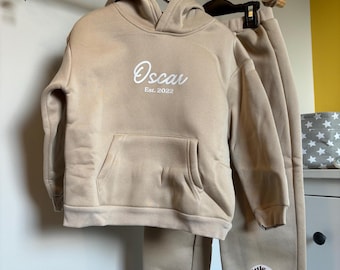 Personalised Kid’s Baby Fleece Lined Tracksuit, Autumn Trackies Loungewear, Winter, Comfy Unisex Children’s Hoodie, Neutral