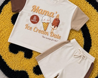 Children’s Mama’s Ice Cream Date, Summer T-Shirt, Brown, Beach, Short Sleeve, T-Shirt, Unisex, Kid’s Graphic Tee, Boy, Girl