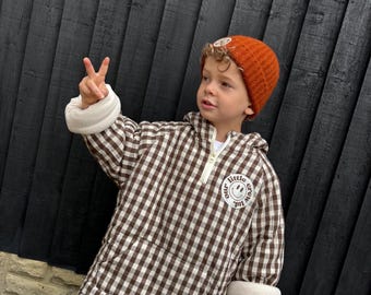 Plaid Kids Jacket Korean Style Thick Cotton Warm Coat, Unisex Winter Fleece Lined Half Zip Jacket, Checkerboard, Cosy Unisex Jacket