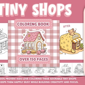 Puede incluir: Un libro para colorear digital titulado "Tiny Shops" con más de 150 páginas. La portada presenta un fondo a cuadros rosa y blanco con ilustraciones de tiendas, incluyendo una tienda de quesos y una casa. El texto "Libro para colorear" y "Más de 150 páginas" también son visibles.