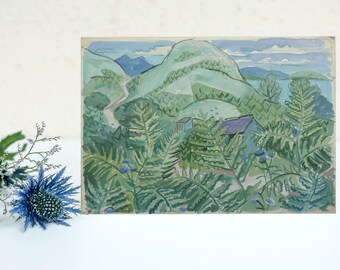 A Cottage and Mountain Scene  - original signed artwork by Welsh Artist Helen Steinthal - unframed Purple Blue Paint